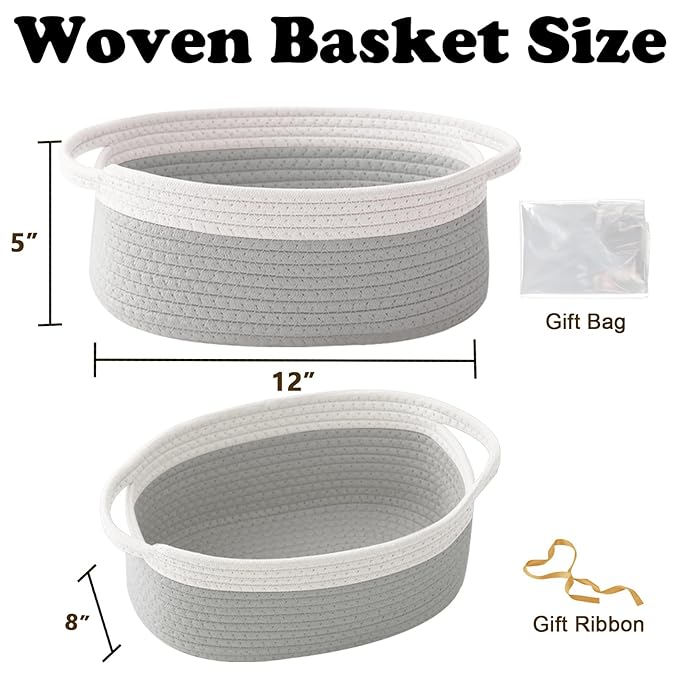 3 Pack Small Woven Rope Basket-Empty Gifts Basket with Bag and Ribbons,Cute Handle Organizer Box for Birthday/Baby Shower, Toy Storage, Nursery Organizing & Shelf Decor(White&Grey)