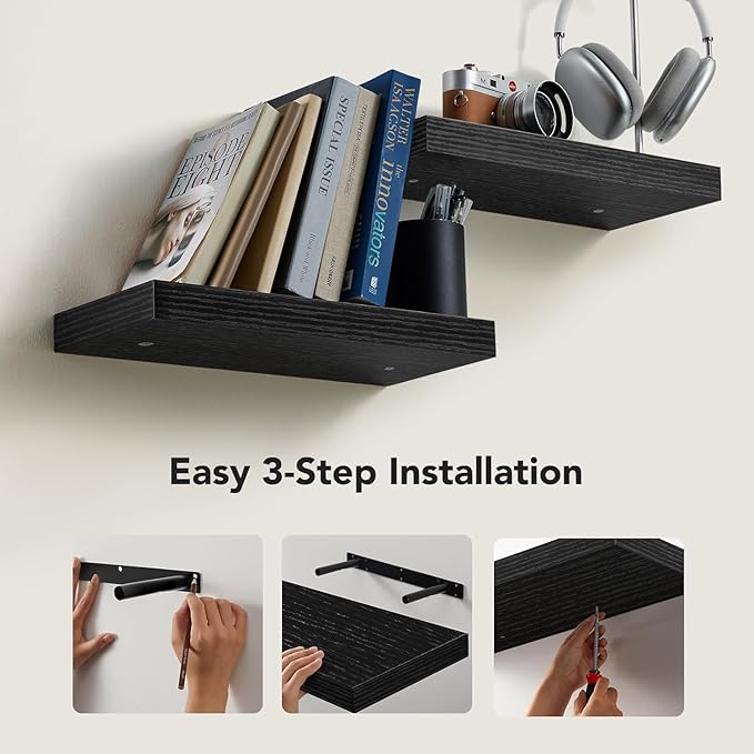 AMADA HOMEFURNISHING Floating Shelves Wall Mounted, 15 x 7 Inch Wall Shelves for Bathroom, Bedroom, Living Room, Black Shelves Set of 2