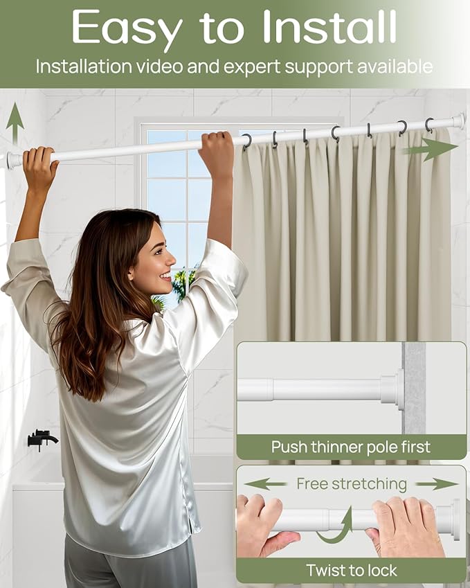 ALLZONE Heavy Duty Tension Shower Curtain Rod 28-42 Inches for Bathroom, Window, Non-Slip, Adjustable with Strong Spring Pole for Closet, Doorway, No Rust, No Drilling, White