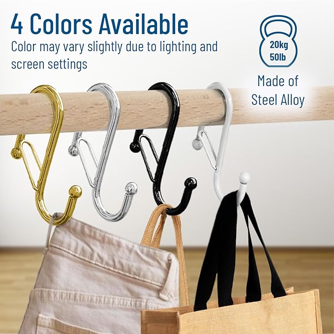 10-Pack Metal S Hooks for Hanging – Heavy-Duty S-Shaped Hook with Safety Buckle – Fits Bars up to 0.8 in – Anti-Drop S-Hooks for Kitchen, Bathroom, Closet & Pot Racks – Black (Medium)