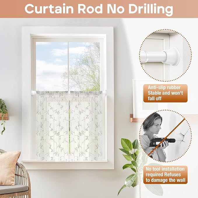 White Spring Tension Curtain Rods 30 to 63 Inch Adjustable Expandable Spring Loaded Curtain Rods No Drilling Suitable for Small Short Tension Rods 33-59 Inch Doors, Windows, Closet
