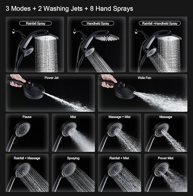 BOZYBO Rain Shower Head with Handheld: High Pressure Shower Heads with Handheld Spray Combo, 12" Rainfall Shower Head and 9 Sprays Hand Showerheads with Magnetic Docking and Power Jets, Black 2.5GPM