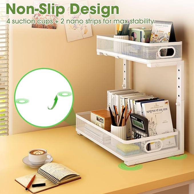 Under Sink Organizer 4-Pack, Metal 2-Tier Pull-Out Cabinet Shelf with Slide-Out Mesh Drawers, Height Adjustable, Space-Saving Under Sink Storage Racks for Kitchen, Bathroom, Laundry Room, White