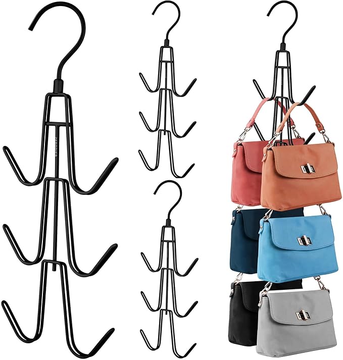 ZEDODIER 4 Pack Purse Organizer for Closet, Heavy-Duty Hanging Purse Hanger Closet Holds Up to 24 Purses, Metal Rotating Space Saving Bag Holder Handbag Storage Hook Backpack Rack, Black