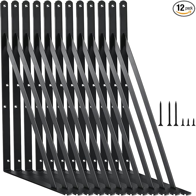 12 Pack L18 x H 12" Black Heavy Duty Shelf Brackets with Screws Metal Shelf Brackets Shelf Support Angle Brackets for Shelves L Brackets Heavy Duty Floating Shelf