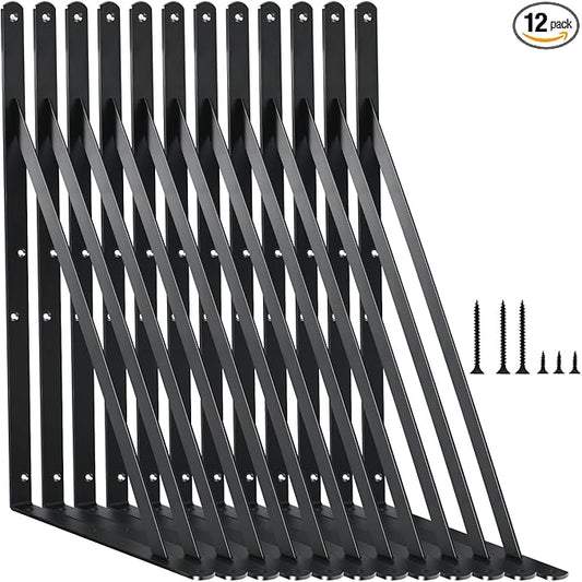 12 Pack L16 x H 10" Black Heavy Duty Shelf Brackets with Screws Metal Shelf Brackets Shelf Support Angle Brackets for Shelves L Brackets Heavy Duty Floating Shelf