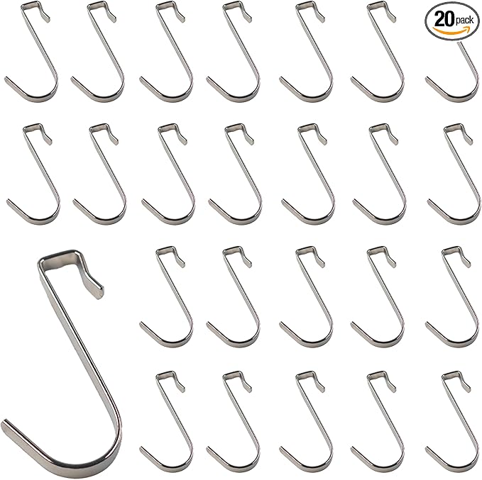 20Pcs J Shaped Stainless Steel Hanger Hook,Clip-on Wire Rack Hook, Hanging Sink Grid Hooks Wire Shelf Hooks for Kitchen Bedroom Office, Silver