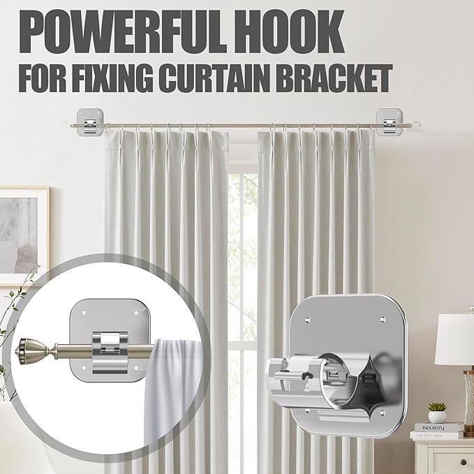 6PCS No Drill Adhesive Curtain Rod Brackets 40LB, Curtain Rods No Drilling Renter Friendly Hooks No Damage Curtain Holders, Apartment Farmhouse Classroom Decor Hanging Drapes
