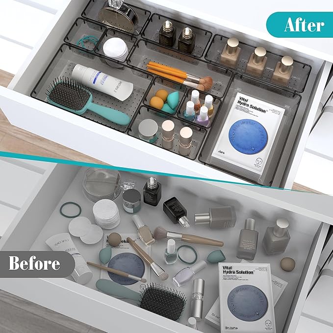 StorMiracle 7 PCS Clear Plastic Drawer Organizers Set, 4 Size Desk Drawer Organizer Trays for Makeup, Jewelry, Kitchen Utensils, Gadgets and Office Accessories, Black