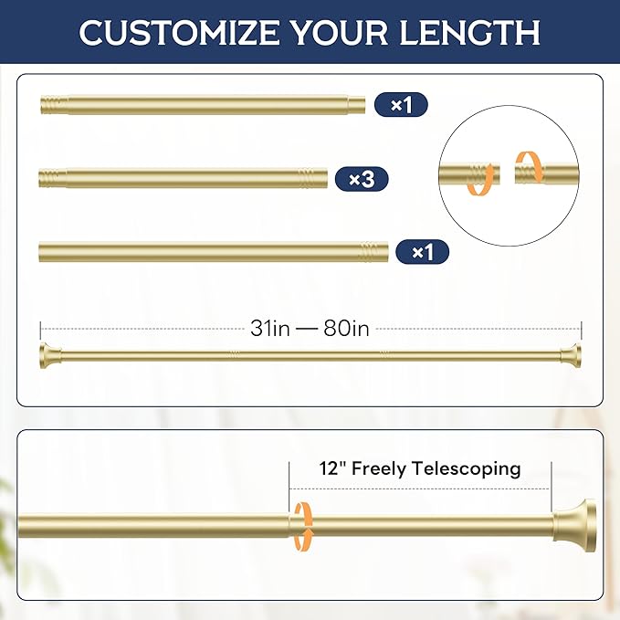 Adjustable Shower Curtain Rod 31-80 Inch, Never Rust Stainless Steel Gold Tension Rod, 1" Heavy Duty No-Drill for Bathroom, Kitchen & Closet