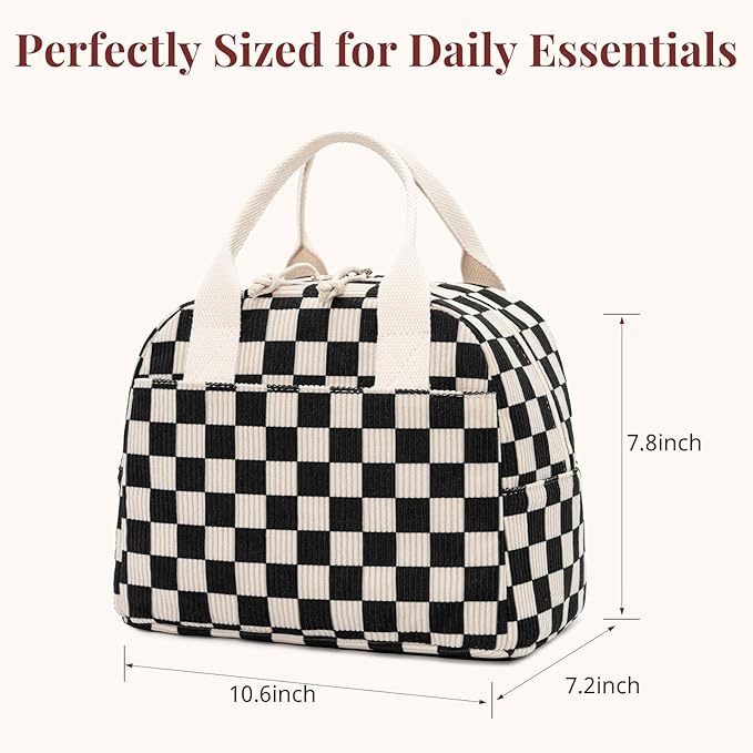 LOVELYWIND Insulated Black Checkered Lunch Bag for Women, Stylish Corduroy Tote with Aluminum Lining, Large Capacity Reusable Cooler for Work, Travel, or Beach, Beige Cream Water-Resistant Lunch Box