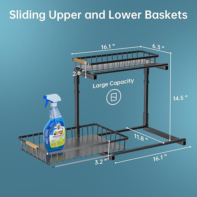 Delamu Under Sink Organizer, Pull Out Cabinet Organizer, Slide Out Under Sink Storage Shelf, Undersink Organizers Shelves for Kitchen Bathroom Pantry