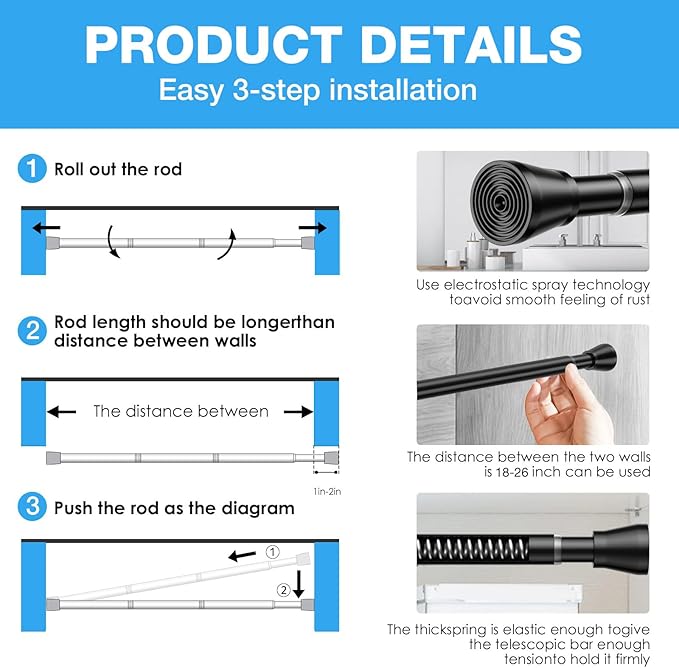 2 Pack Spring Tension Rods 18-26 Inches, 7/8 Inch Diameter Black No Drill Spring Loaded Adjustable Extendable, Small Short Tension Curtain Rod for Windows Kitchen Doorway Closet Cupboard
