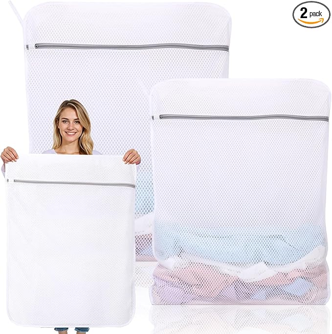 Dntorx 2 Pack Extra Large Mesh Laundry Bags for Delicates, 24 x 32 Inches + 35 x 43 Inches Reusable Laundry Bag Durable Wash Bags for Washing Machine for College, Family, Travel, Storage (XXL + XXXL)