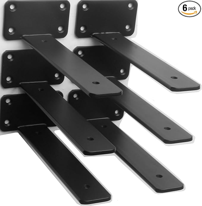 6 Pack - 6 inch Black Hidden L Shelf Bracket (1/5 Inch Thicked) Iron Floating Shelf Brackets Rustic Industrial Metal Brackets for Shelf Support