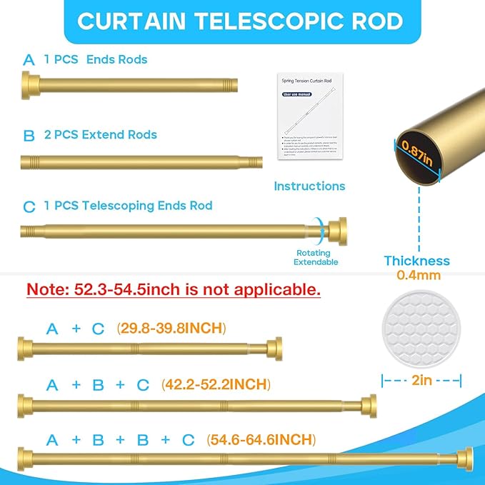 1 Pack Gold Spring Tension Curtain Rod 30-64 Inches, 7/8" inch Adjustable Curtain Rod No Drill, Anti-slip Spring Curtain Rod for Windows Bathroom Kitchen Closet Doorway