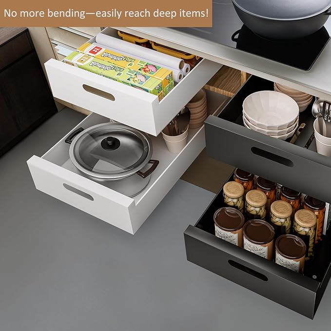 1 Pack | 21" Deep Pull Out Cabinet Organizer Adhesive, 10-Inch Wide Sturdy Carbon Steel Roll-Out Drawers for Face Frame or Frameless Cabinets,Slide-Out Shelves for Pantry.
