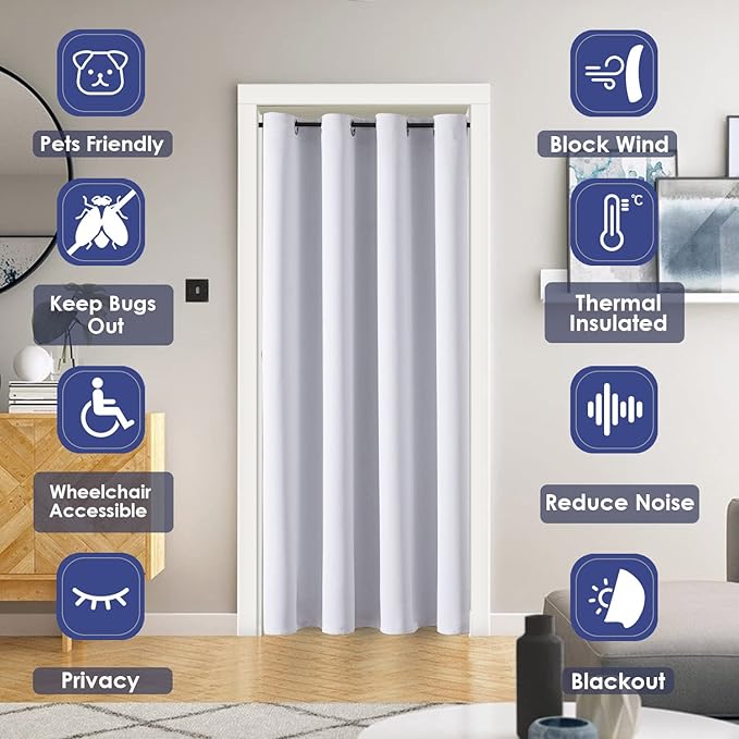 ChrisDowa Blackout Door Curtains for Doorway Privacy, Grommet Closet Curtain for bedroom closet door, Thermal Insulated Temporary Door Cover Room Divider Curtain (1 Panel, Greyish White, 34 x 80 Inch)