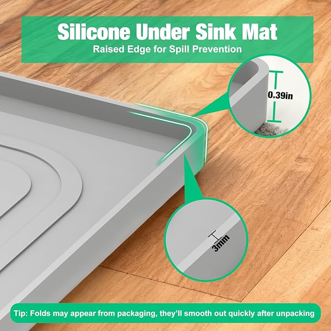 Aisslro Under Sink Mat 22" X 19", Waterproof Silicone Cabinet Protector with Raised Edge, Kitchen & Bathroom Leak Tray, Shelf Liner & Pet Feeding Mat for Dog Cat Food Mats, Light Gray