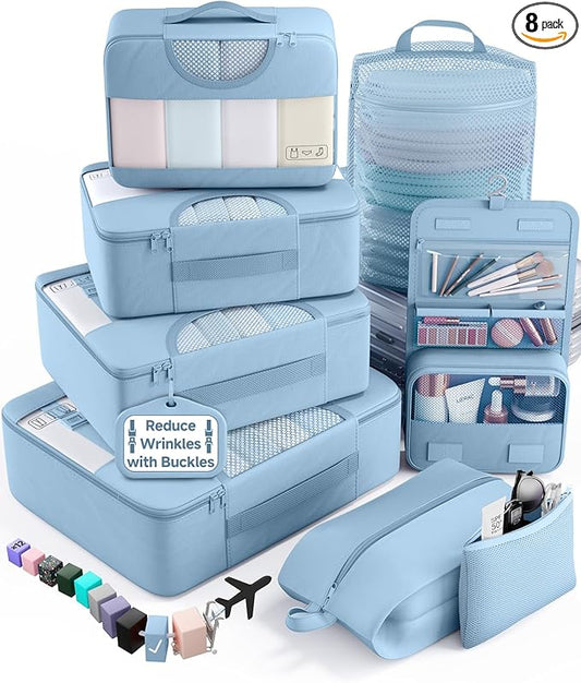 Veken 8 Set Packing Cubes for Travel Essentials, Suitcase Organizer Bags in 4 Sizes, Carry-On Luggage Accessories with Large Laundry & Shoes Bag, Must-Have for Airplane, Road Trip & Camping