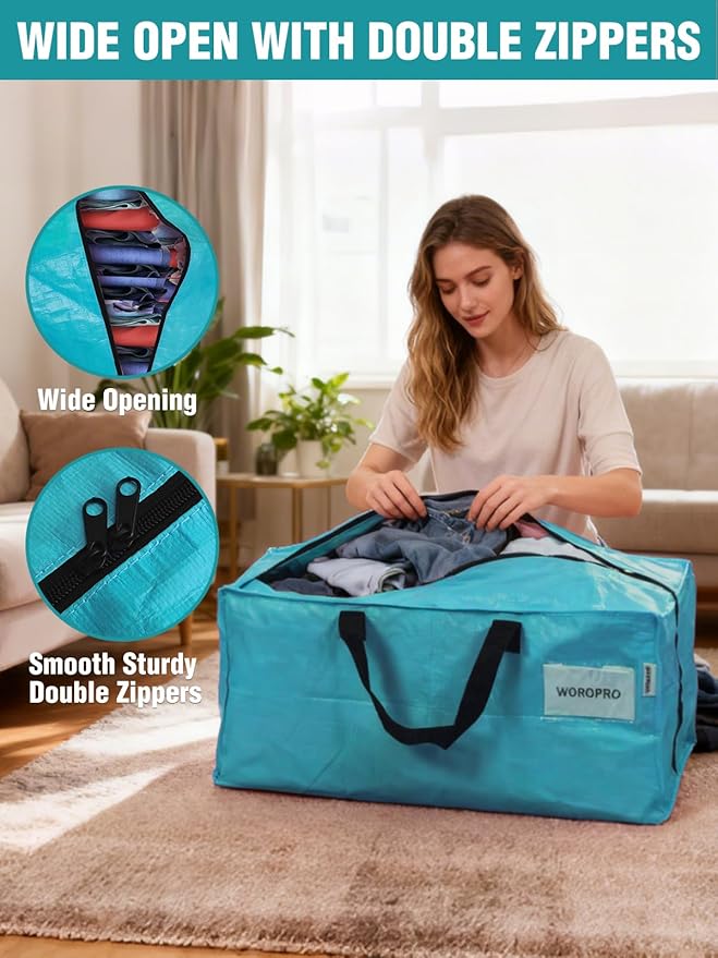 WORKPRO 8 Pack Extra Large Moving Bags with Zippers & Carrying Handles Backpack Straps, Heavy-Duty Storage Tote for Space Saving Moving Storage (Blue)