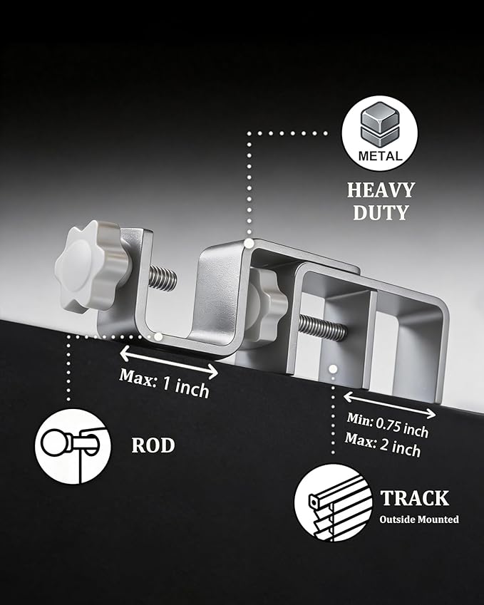 Mimiio No Drill Curtain Rod Brackets for Outside-Mount Blinds, Tool-Free Over-Blind Curtain Rod Holders, Fits 1-2" Rectangular Headrails, No Wall Damage, Renter Friendly Window Hardware, 4 Pack,Silver