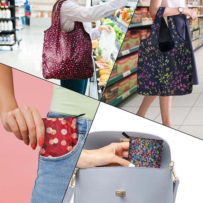 Reusable Grocery Bags,4 Pack 50LBS Foldable Washable Fashion Shopping Bags, Portable Tote Bags Gifts for Women (Butterfly 4 Pack)