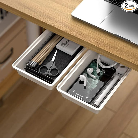 2Pack Under Table Desk Drawer Storage Organizer Slide Out, Hidden Self-Adhesive Under Desktop Pencil Tray Drawer for Office,Classroom,Kitchen(S/white）
