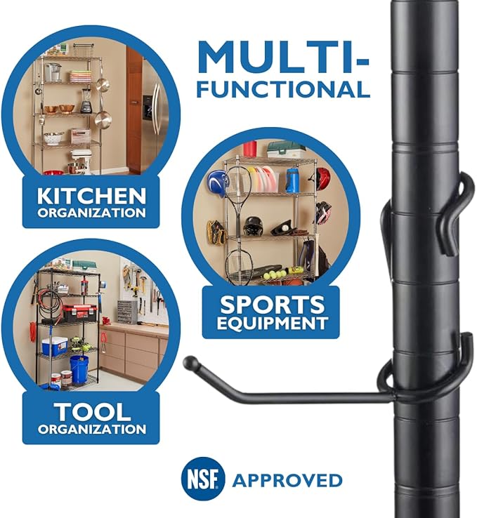 Shelf Pole Hooks 5-Pack | 4" Black All-Purpose Snap-On Hooks for 1" Wire, Metal & Metro Shelving | Heavy-Duty Garage, Pantry, Basement & Utility Storage Hooks
