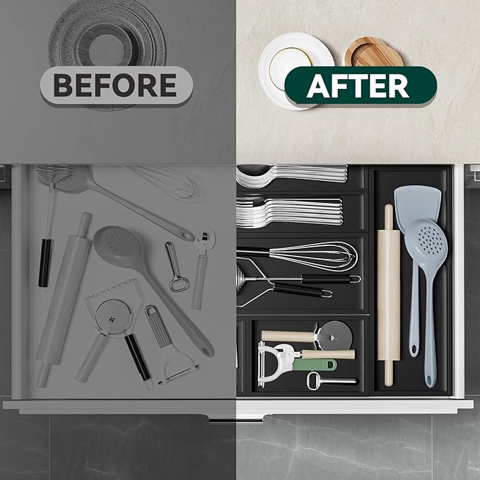 Lixple Bamboo Drawer Organizer, Cutlery Silverware Organizer for Kitchen Drawer, Stackable Utensil Organizer, 2 Pcs Flatware Organizer, Wooden Storage Box Tray (Black, 12 X 6 X 2 Inch)