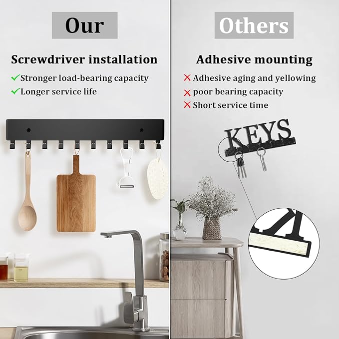 Key Holder Wall Mount with 6 Hooks - Key Rack Organizer for Entryway, Kitchen & Office, Screw-in Mounting 1 Pack 9 Inch