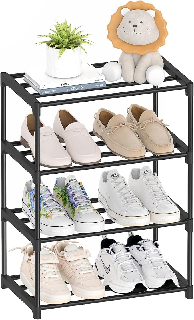 4 Tier Small Shoe Rack, Narrow Stackable Shoe Shelf for Kids Toddler Adult, Lightweight Shoe Rack Stand for Closet Dorm Storage Organizer, Front Door Entrance, Entryway