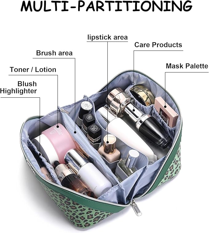 Travel Makeup Bags Organizer for Women: 3 Pcs Set Cosmetic Bag - Large Make up Bag with Compartments - Flat Open Waterproof Leather Toiletry Bags for Skincare, Brushes & Travel Essentials - Green