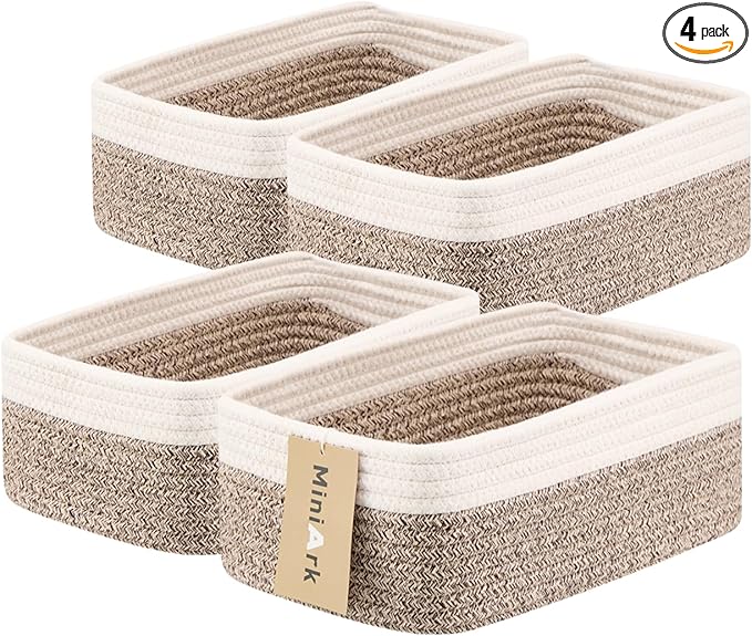 MiniArk Small Storage Baskets for Organizing | Closet Organizer Bins | Shelf Toy Basket | Woven Rope Baskets | Cube Decorative Box | Shallow Basket | 11.5x7.5x4.7” | 4 Packs White Brown