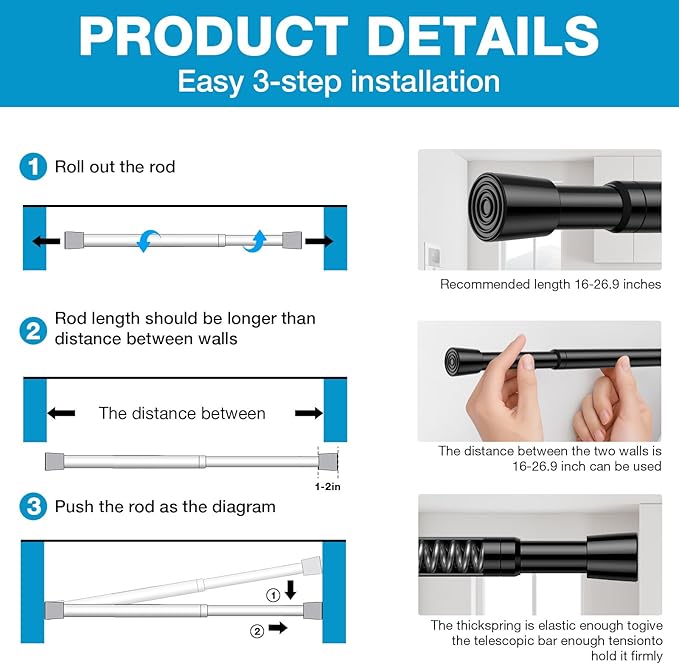 6pack Black Tension Curtain Rod 16-26.9 inch Spring Tension Rod Curtain Rod Adjustable Spring Rod Extendable Tension Rod for Kitchen, Bathroom, Window, Closet.