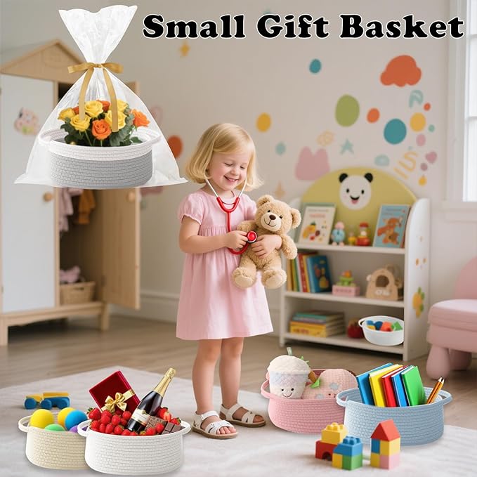 2 Pack Small Woven Rope Basket-Empty Gifts Basket with Bag and Ribbons,Cute Handle Organizer Box for Birthday/Baby Shower, Toy Storage, Nursery Organizing & Shelf Decor(White&Grey)