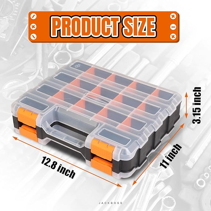 Jack Boss Tool Box with Transparent Lid, Double Side 34-Compartments Organizer Box with Removable Dividers for Hardware, Screws, Bolts, Nails, Beads, Jewelry and Fishing Accessories, Orange, 1 Pack