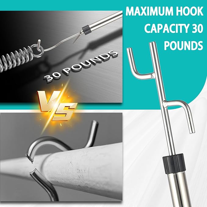 Clothes Hook Pole Heavy Duty,32 to 80In Retail Clothing Hook Pole Long Handle with 2 Hooks Hanging Birdfeeder Frosted Tube Extension Pole to Reach High Hangers for Turck (Black Handle)