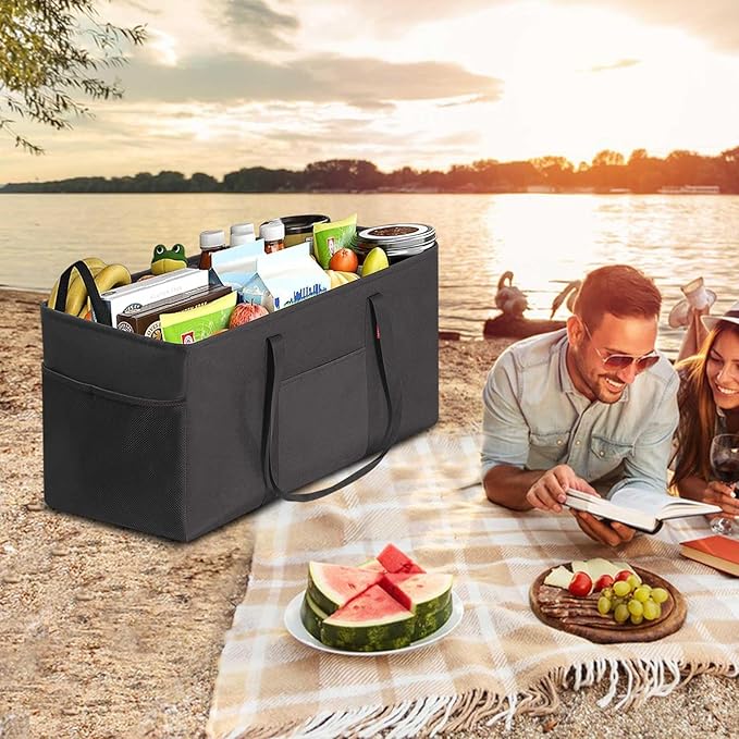 LHZK Standing Extra Large Utility Tote Bag with Metal Wire Frame and the Sides Rinforced, Extra Large Tote Bag with Handle, Reusable Grocery Bags Foldable, Beach Bag, Car Tote (Black) | Metal Wire Frame