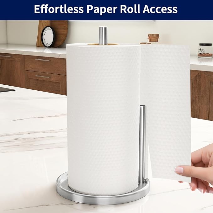 Jesginboo Paper Towel Holder Countertop, Silver Kitchen Paper Towels Holder, Paper Roll Holder with Weighted Base