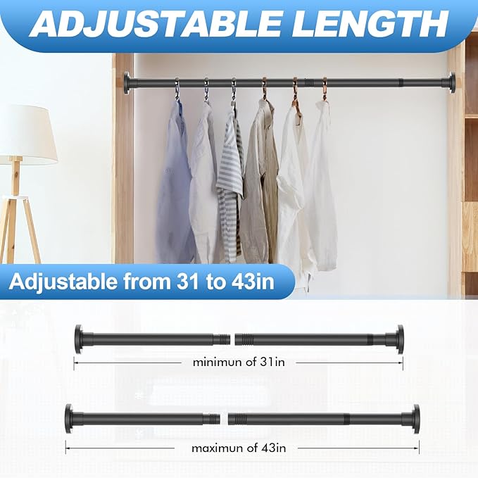 CorkLatta 2 Pack Black Shower Curtain Rod 31 to 43 Inch,1 Inch Diameter Adjustable Spring Tension Stainless Steel Telescoping Rod,Easy Install,No Rust