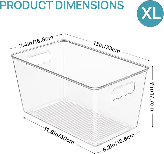 Vtopmart 6 PCS Clear Plastic Storage Bins, Pantry Organizer Containers with Handle for Refrigerator, Fridge, Cabinet, Kitchen, Countertops, Cupboard, Home Organization and Storage, XL