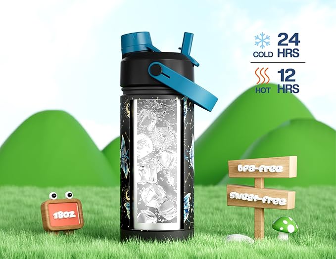 18 oz Kids Insulated Water Bottle: Glow-in-the-Dark, 2-in-1 Straw Spout Lid, Leakproof, BPA-Free, Keep Cold 24H, Stainless Steel Cup for School, Party, Travel, Holiday, Gift (Gilded Flutter)