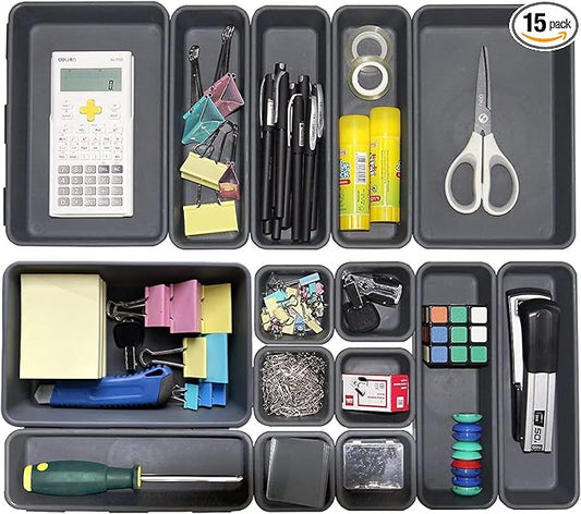 15 PCS Interlocking Desk Drawer Organizer Separator for Office,Bathroom,Kitchen,Makeup（Black）