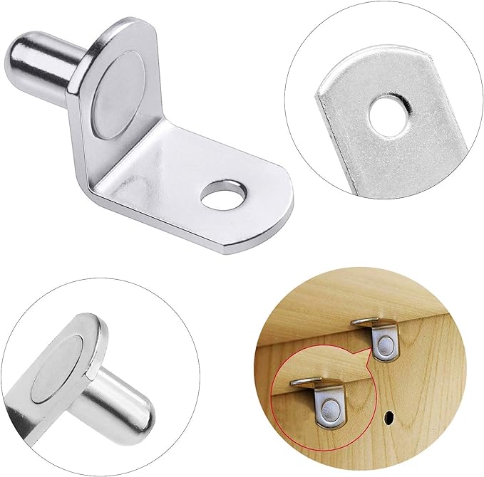 40 Pcs Shelf Support Pegs,1/4 Inch Diameter Shelf Bracket Pegs with Hole,Nickel Plated L-Shaped Clips for Kitchen & Bookcase Shelf Cabinet Furniture Closet Shelf Pins Support