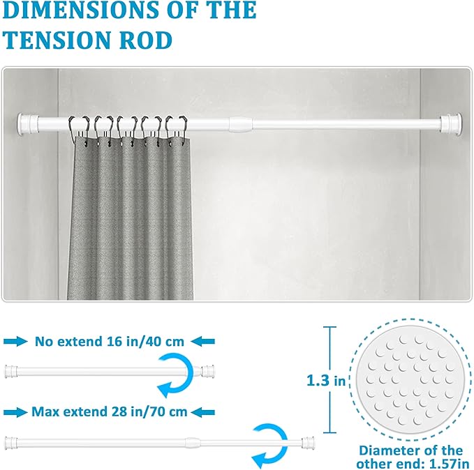 Small Tension Curtain Rods 16 to 28 Inches, Heavy Duty Short Shower Curtain Rod Adjustable Extension Spring Tension Rods for Windows, Closet, Kitchen, Bathroom, Wardrobe, White