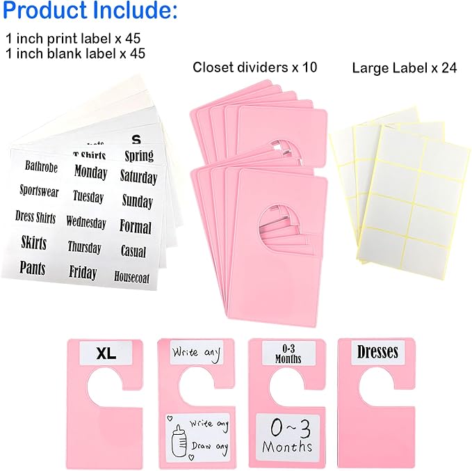10 Pack White Clothing Rack Size Dividers Plus 45 Labels (1 Inch) and 18 Large Blank Labels, Large Rectangular Clothing Closet Dividers (Pink)