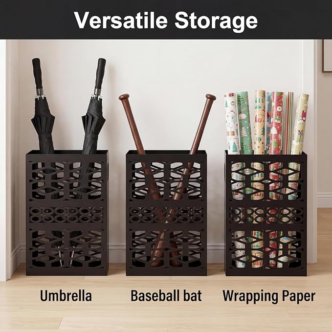 ZENFUN Rectangle Metal Umbrella Stand with 2 Hooks, Entryway Umbrella Holder & Walking Cane Storage, Umbrella Organizer Freestanding for Home, Office, Hotel, Black