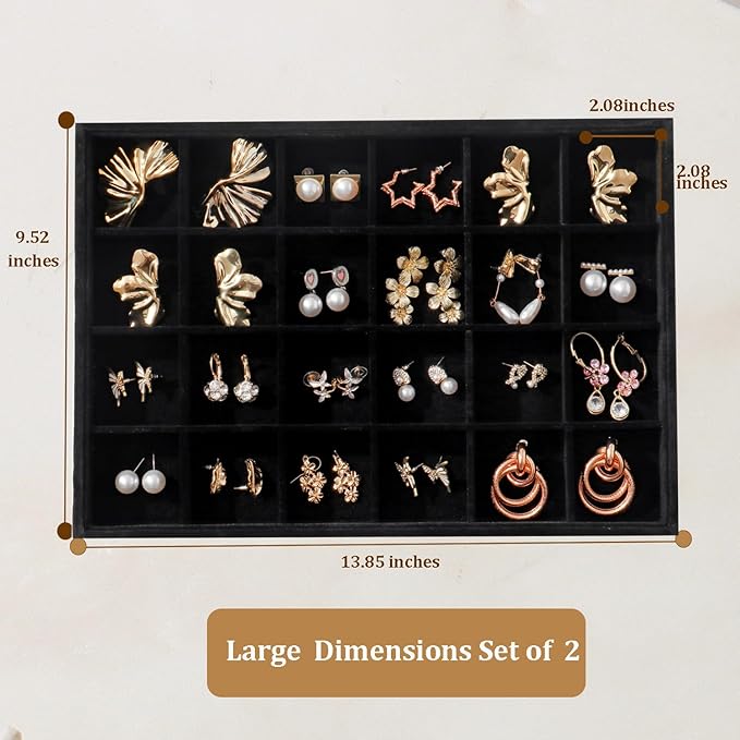 Large Velvet Jewelry Tray 2 Pack Stackable Jewelry Display Drawer Inserts Trays Organizer for Earring Bracelet Necklace Ring (Black, 24 Grids)