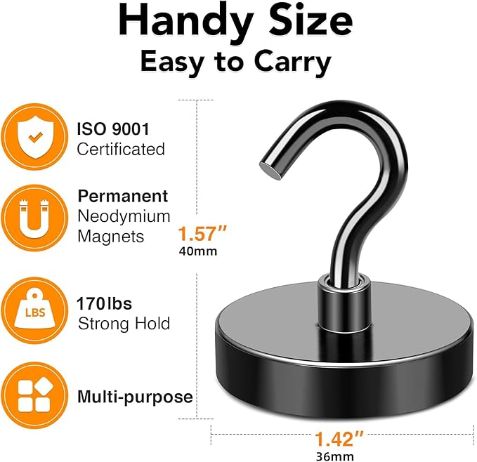 MIKEDE Magnetic Hooks Heavy Duty, 170LB+ Strong Black Magnets Hooks for Refrigerator, Rare Earth Neodymium Hooks with Epoxy Coating, Cruise Magnets with Hook for Hanging, Garage - 6 Pack